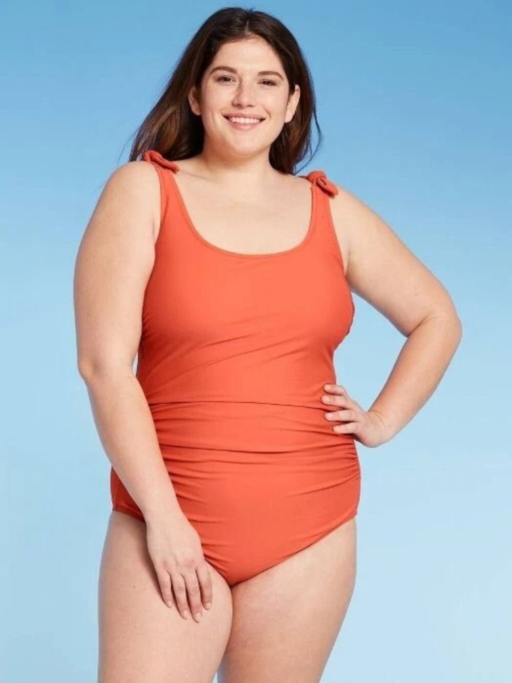 Women's Ruched Shoulder Tie One Piece Swimsuit, Kona Sol Orange, Plus Size, NWT